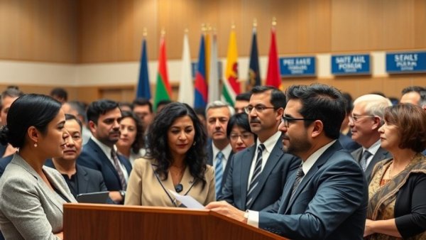 Diverse professionals discussing Small Business Growth Act at podium.