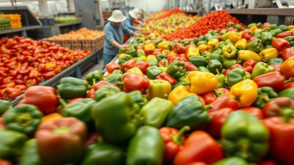 Michigan State University food processing workforce training at pepper sorting line.