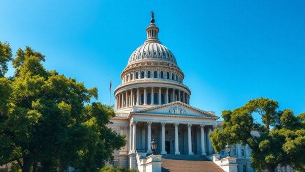 Michigan Capitol building under blue sky and trees.