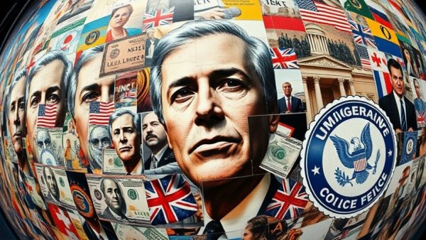 Abstract collage of companies profiting from immigration policies.