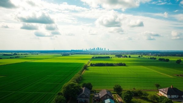 Expansive Michigan agriculture landscape with fields and houses.