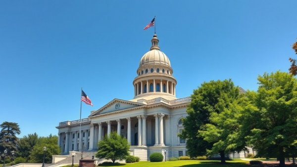 Michigan State Capitol building with greenery and blue sky