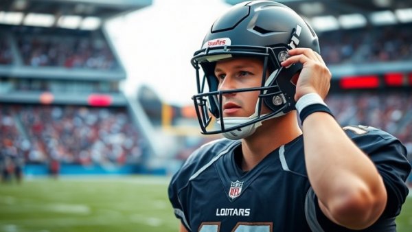Football player in jersey adjusting helmet on field.