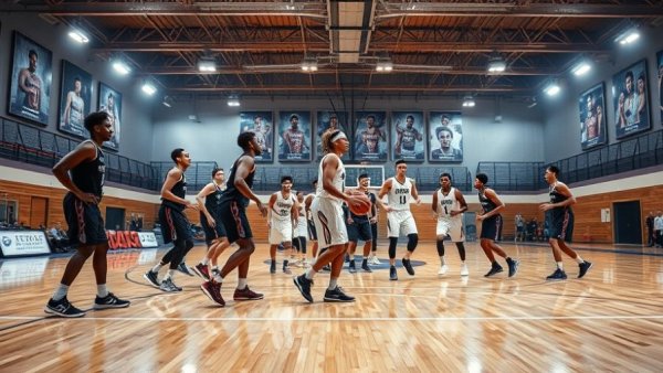 Local basketball game in Detroit gym, vibrant atmosphere.