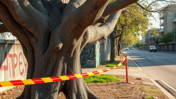 Intentional tree poisoning in Dunkeld, tree with caution tape on a sunny street.