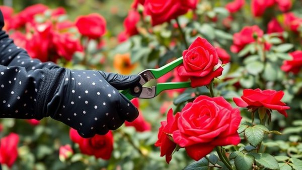 Gardener pruning red roses, when to prune roses guide.