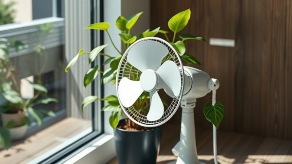 Compact fan blowing on potted plant indoors for seedling strength.