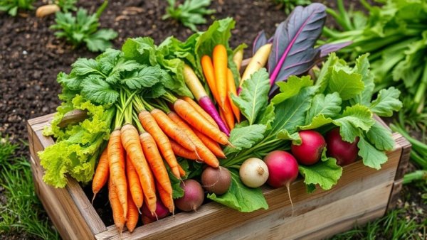 Freshly harvested vegetables in a backyard planting box.