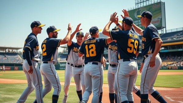 Michigan infield chemistry during baseball team celebration.