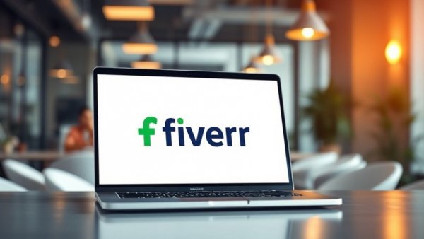 AI Influences Hiring: Fiverr logo on a laptop in bright office.