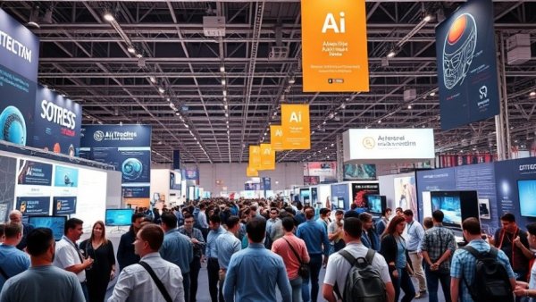 Tech conference attendees explore AI innovations at a bustling expo.