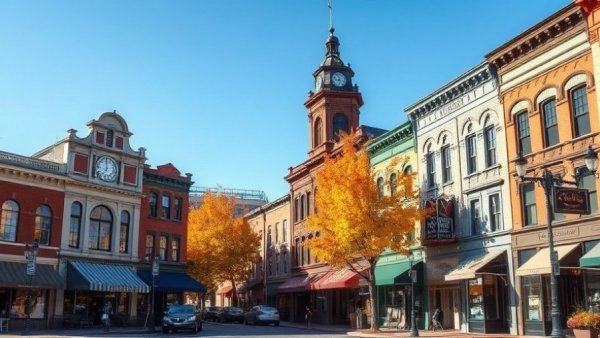 Petoskey Gaslight District with historic buildings and autumn trees.
