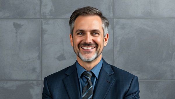 Middle-aged man in suit smiling against gray background.