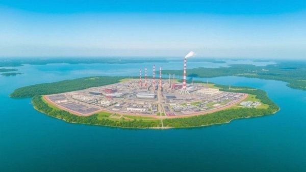 Aerial view of a Michigan coal plant operation by a lake.