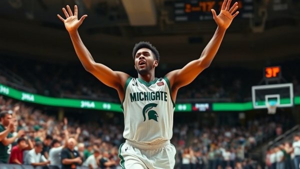 Basketball player celebrates in front of cheering crowd, capturing excitement of Big Ten assists record.