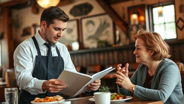 Waiter discusses menu with diner about restaurant allergen laws.