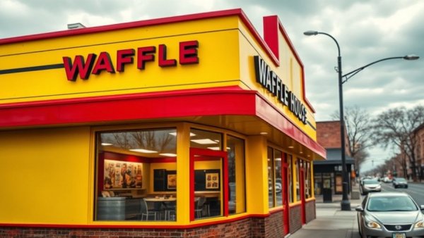 Bright, inviting Waffle House facade showcasing late-night dining options.