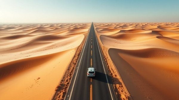 Sweeping aerial view of a desert highway with sparse cars.