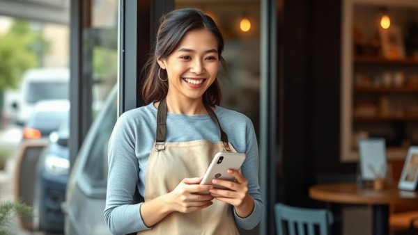 Entrepreneurial woman smiling outside a cafe in Michigan, self-employment trends.