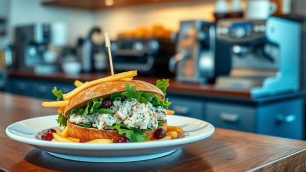 Appetizing sandwich at Michigan lunch spot with fries on a wooden counter.