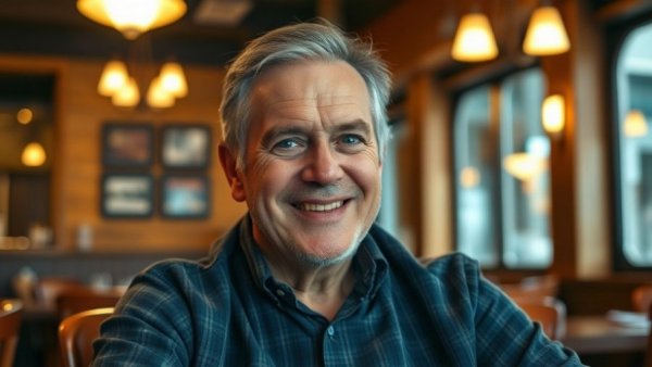 Cheerful older man in a cozy restaurant setting.