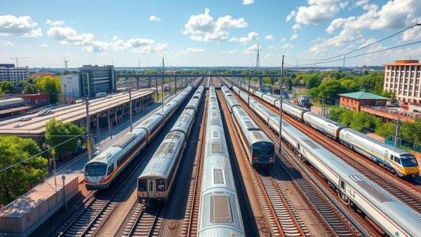 LIRR train station with multiple trains on tracks, showcasing a wide view amid greenery.