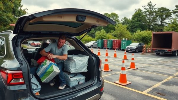 Michigan Clean Sweep Program participant at recycling center with open car trunk.