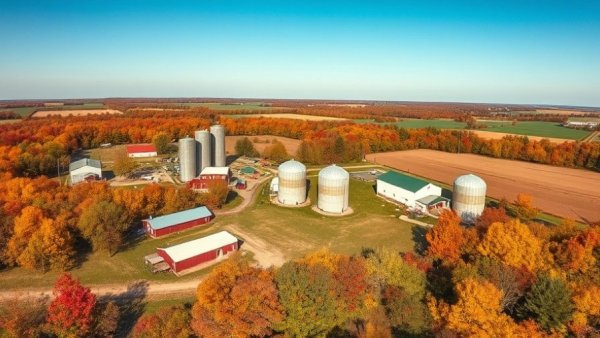 Aerial view of Michigan farmland, showcasing autumn colors.