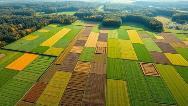 Aerial view of Michigan agriculture research fields with diverse crops.