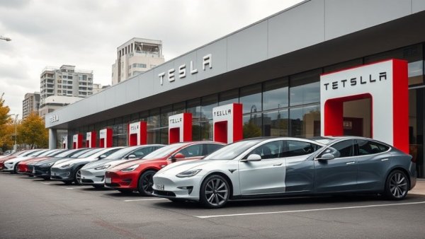 Tesla vehicles parked in front of showroom, showcasing modern design.