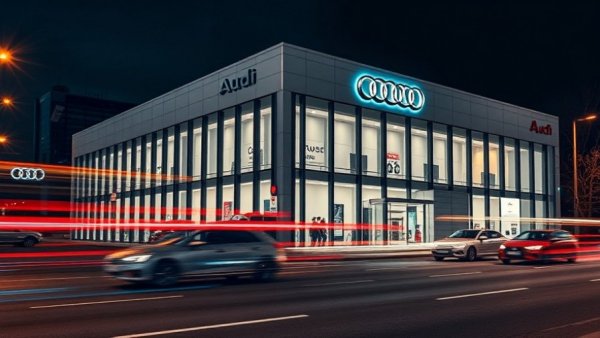 Audi Gainesville dealership with light trails at night.