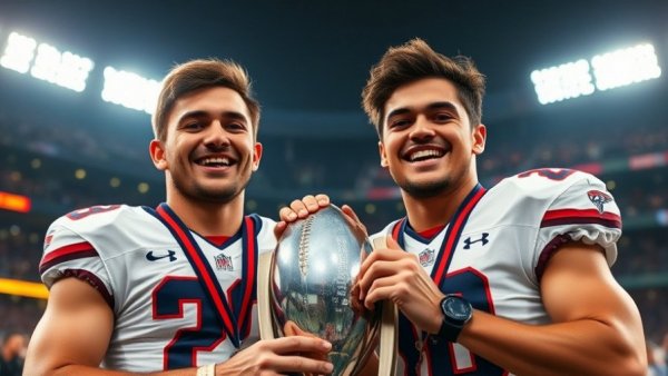 Football champions celebrating with Lombardi Trophy, vibrant lights.