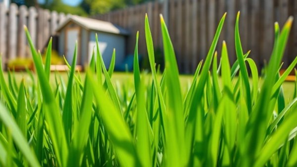 Close-up of green grass in a sunny backyard for lawn care Shelby MI.