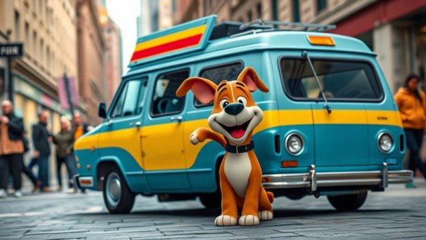 Iconic cartoon dog leaning on the Mystery Machine, urban setting, vibrant colors.