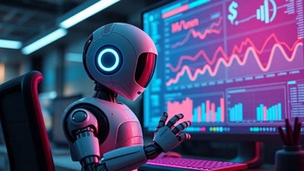 AI robot analyzing data on a digital marketing program screen.