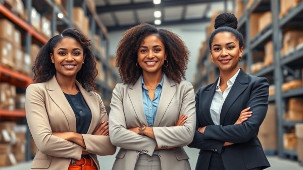 Three businesswomen in a warehouse, ecommerce funding solutions.