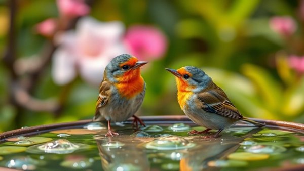 Help backyard birds with birdbath, vibrant scene with small birds.