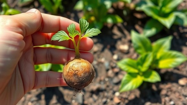 Hand holding dahlia tuber in garden, February dahlia tuber care.