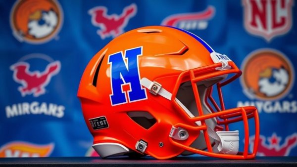 Bright football helmet at sports event with logo backdrop