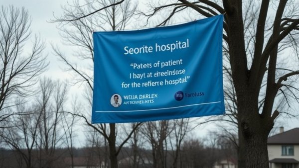 Hospital banner outside with testimonial amid rural setting