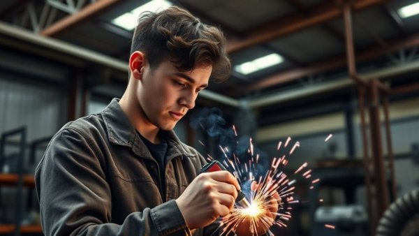 Young welder in Michigan skilled trades education workshop.