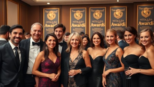 Digital transformation event with elegantly dressed attendees at awards ceremony.