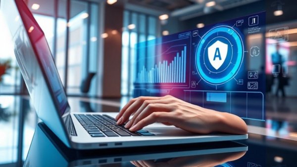 AI agents in retail: laptop with digital AI interface in office.