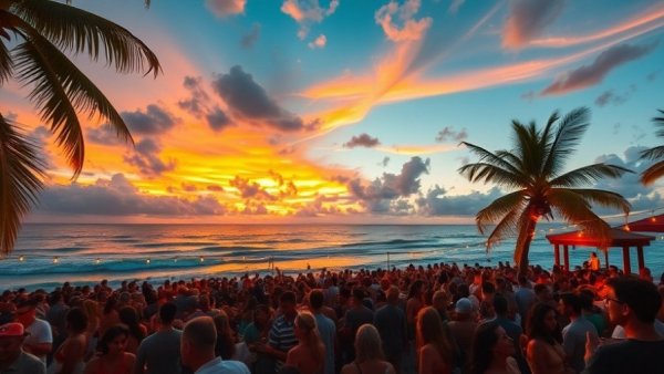 Caribbean tourist arrivals enjoying a beach party at sunset.