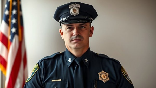 Portrait of fallen Flint officer in uniform with American flag.