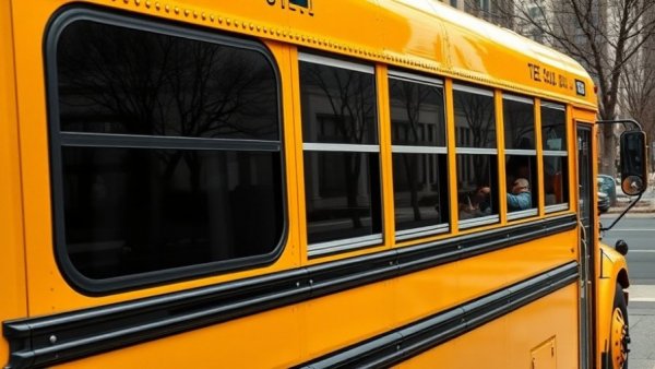 School bus with reflective windows under tree shade.