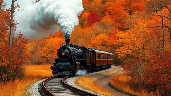Vintage train in autumn forest showcasing Michigan rail system.
