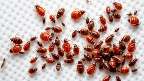 Detailed view of bed bugs on fabric for Michigan bed bug travel alert.