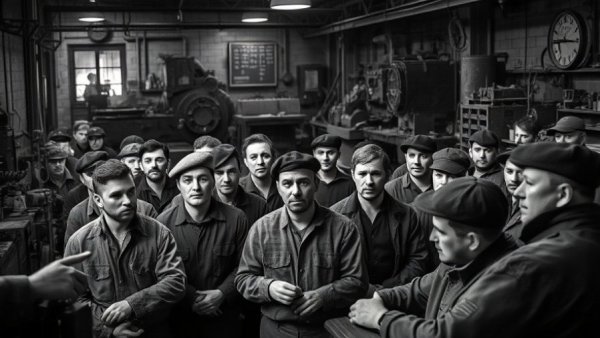 Historic image of labor union meeting in Michigan factory.