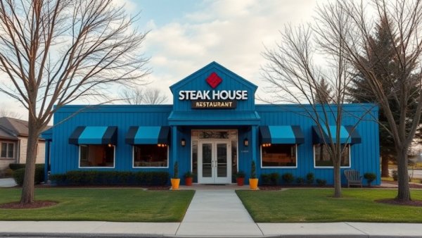 Blue steak house exterior in Michigan highlighting food safety.